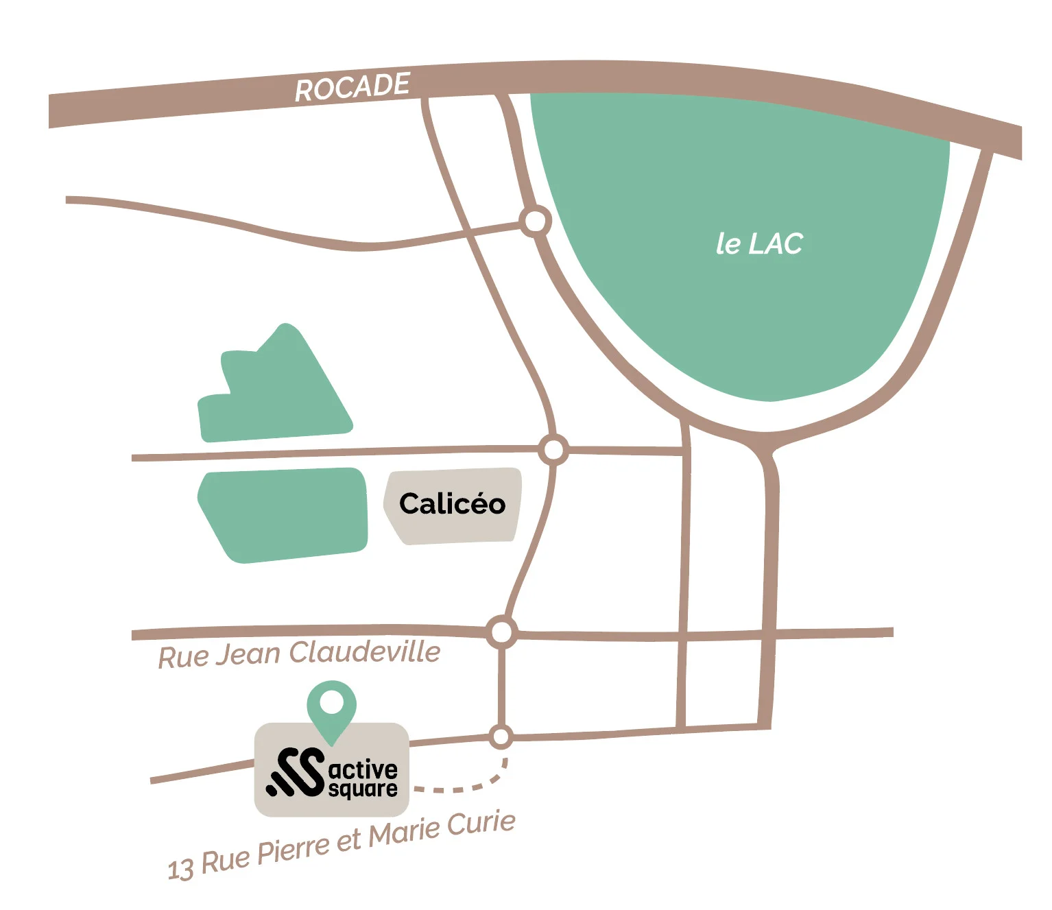 Plan d’accès au club Active Square, 13 rue Pierre et Marie Curie à Bruges, près de Calicéo et du lac